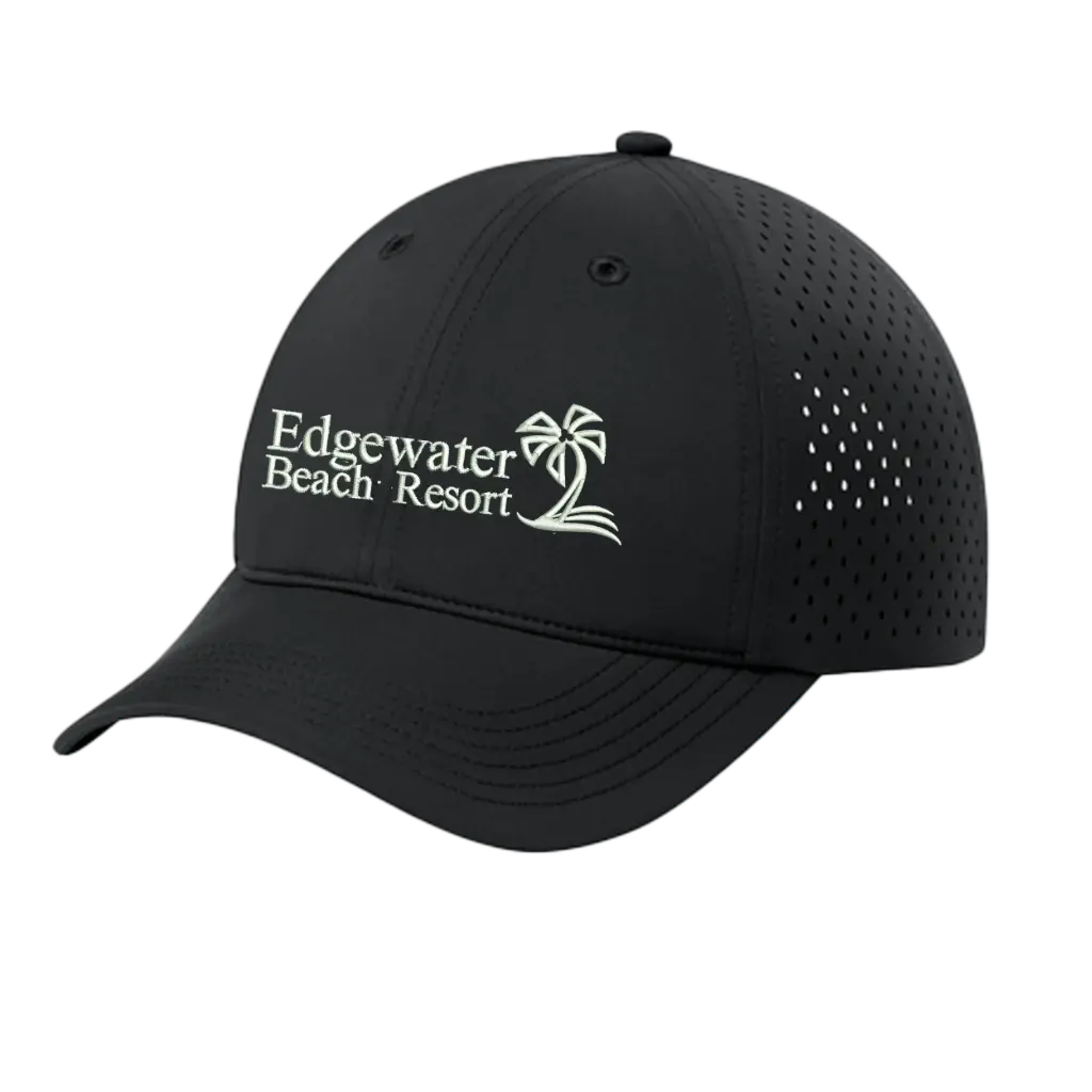 [C995- Deep Black] Edgewater Beach Resort Embroidered Performance UPF Perforated Cap  (Deep Black)