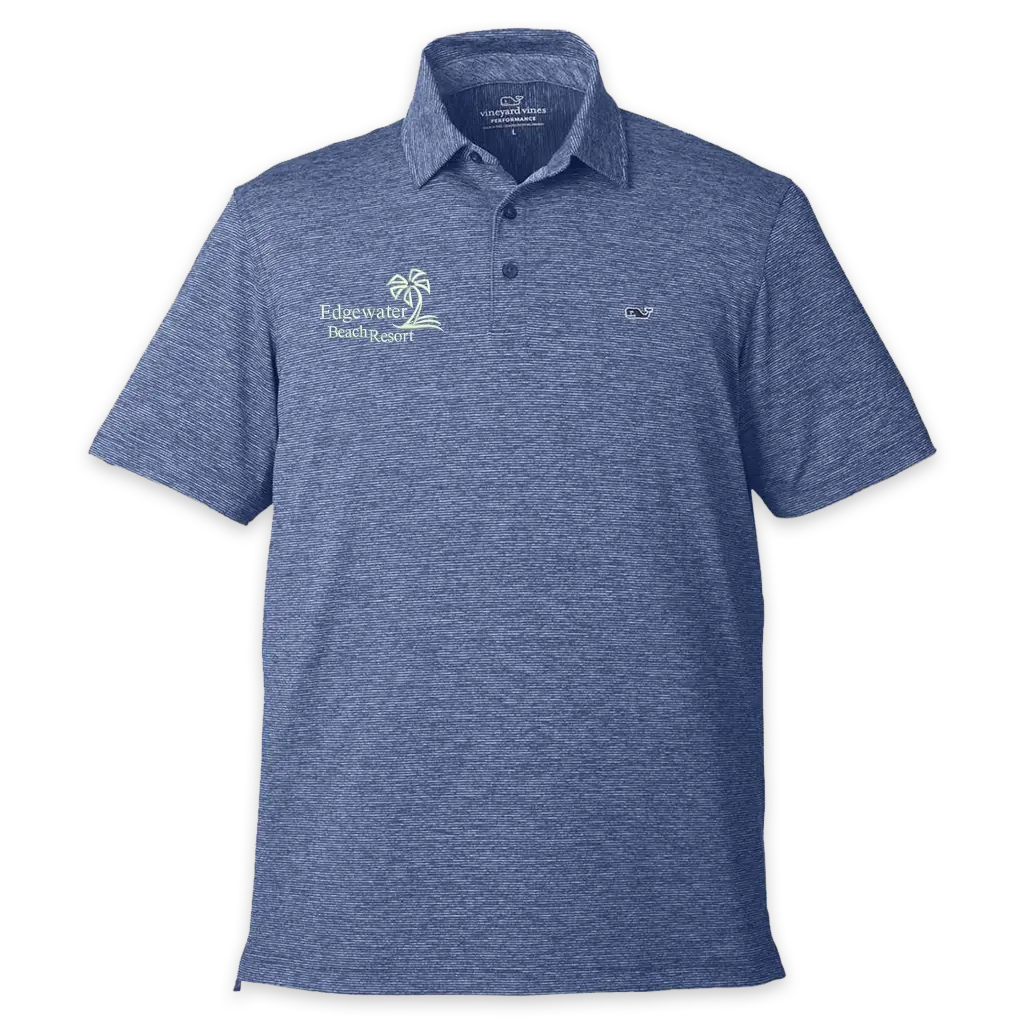 [G011146- S- Blue Depth] Edgewater Beach Resort Vineyard Vines Men's Destin Stripe Sankaty Polo (Blue Depth, S)