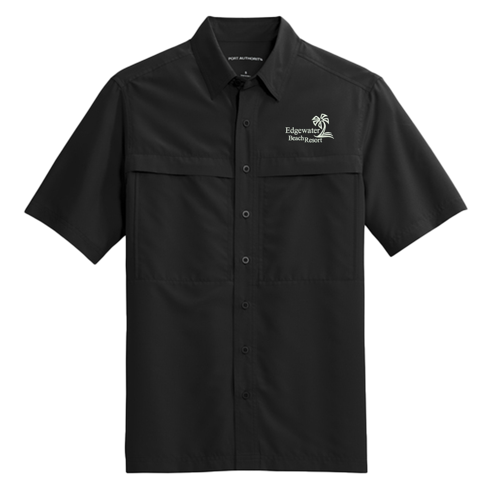 [W961- S- Deep Black] Edgewater Beach Resort Embroidered Short Sleeve UV Daybreak Shirt (Deep Black, S)