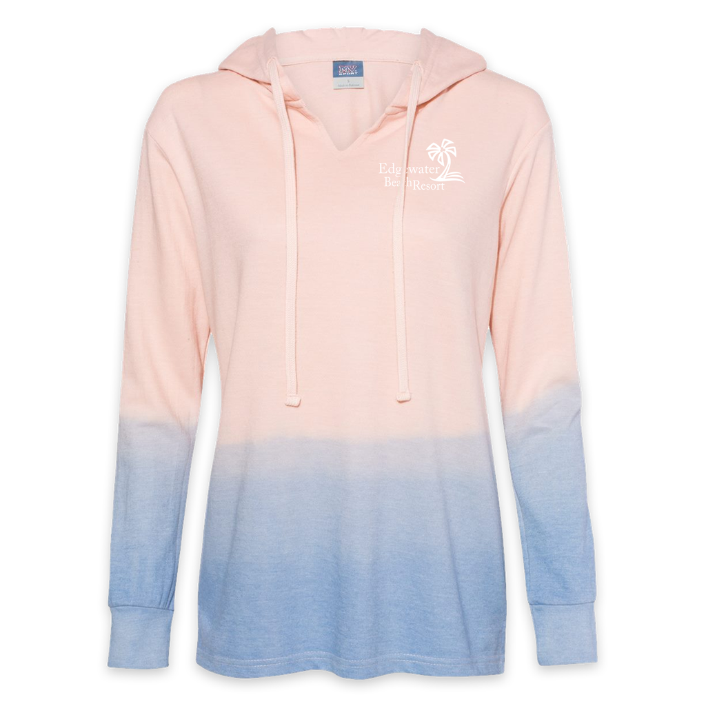 [W20185- S- Cameo Pink/Stonewash] Edgewater Beach Resort Women's French Terry Ombre Hooded Sweatshirt   (S, Cameo Pink/Stonewash)