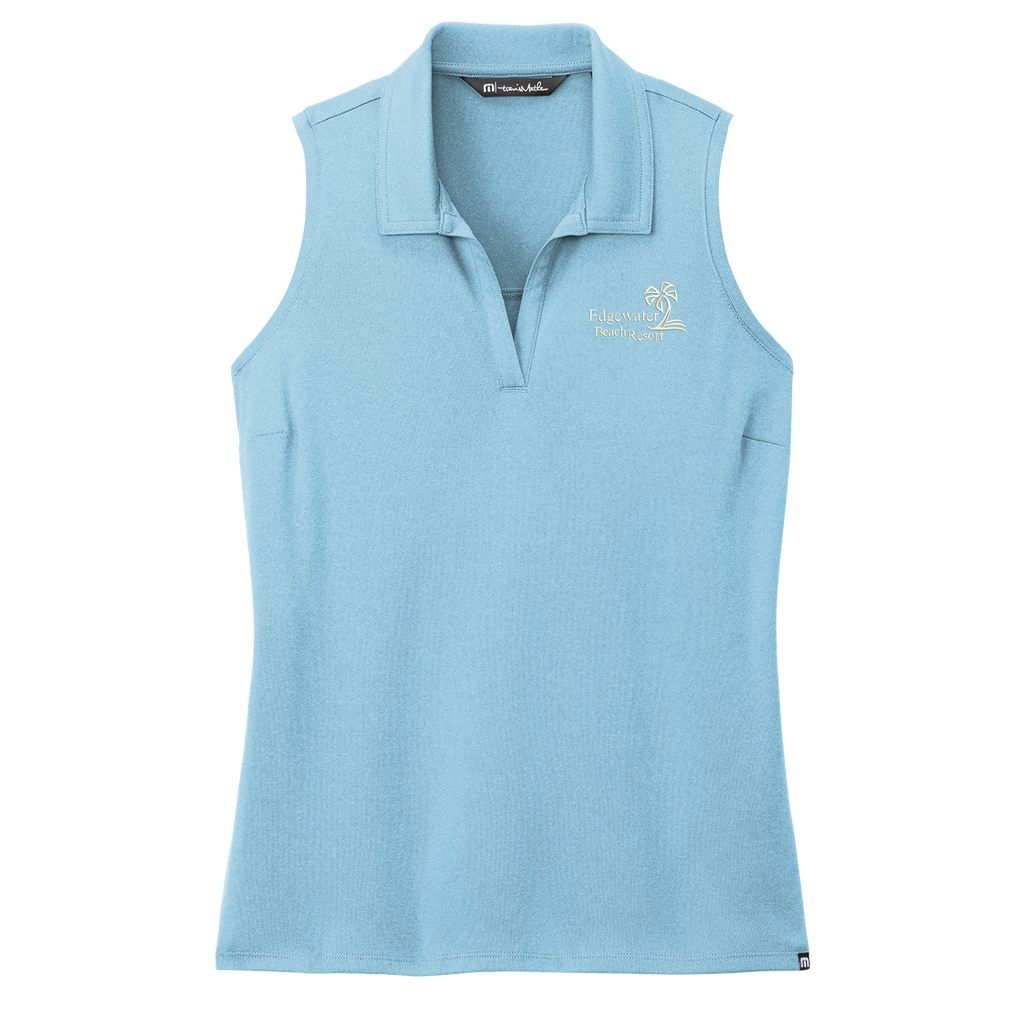 Edgewater Beach Resort Embroidered TravisMathew Women's Coto Performance Sleeveless Polo  (Brilliant Blue Heather, S)