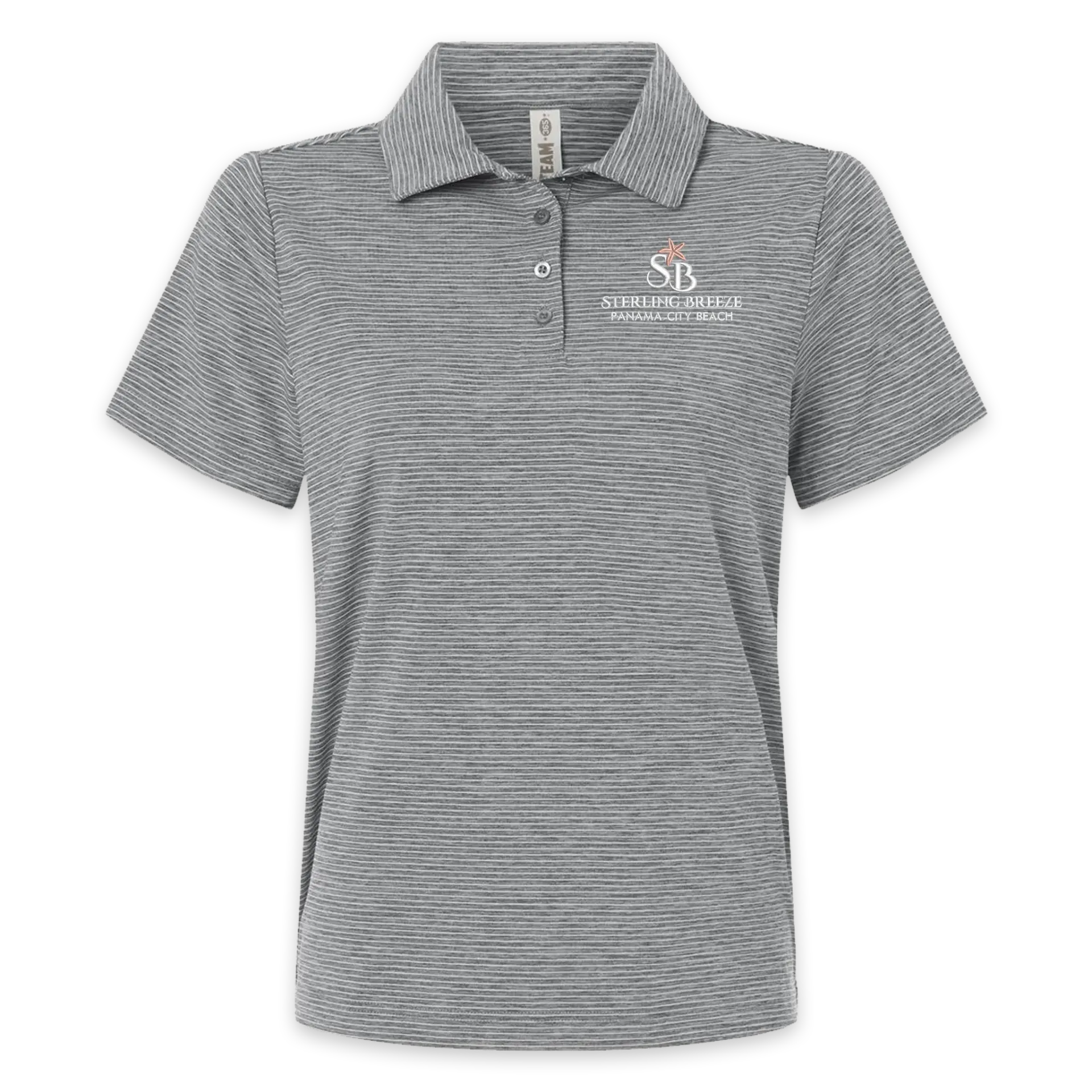 [TT125W-XS-BlackHeather/White] Sterling Breeze Women's Relay Heathered Stripe Polo (XS, Black Heather/White)